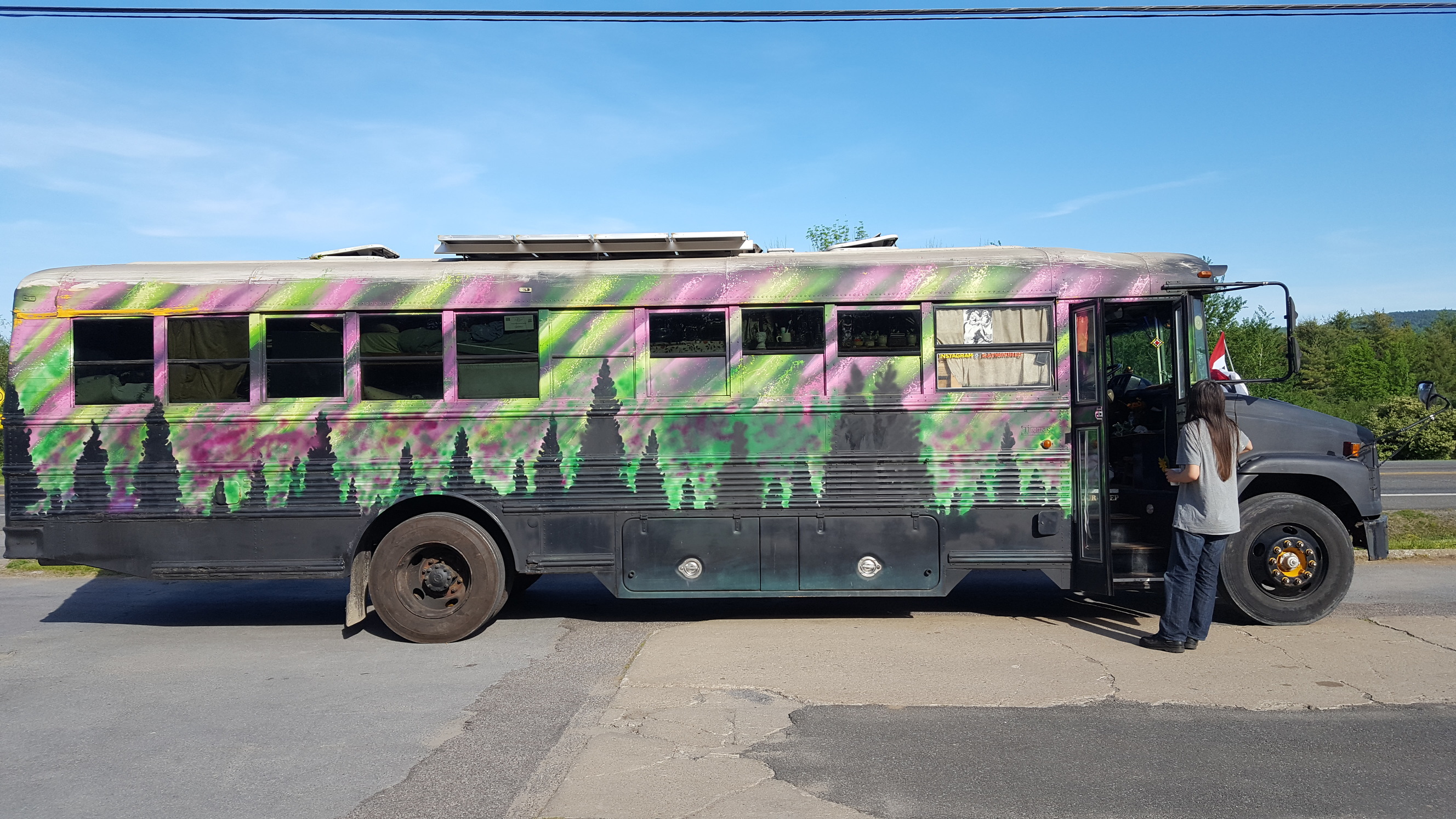 School bus painted with Aurora Borealis